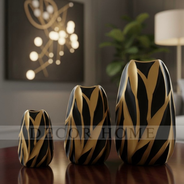 Iris Black & Gold Carved Vase ( Set of 3 )