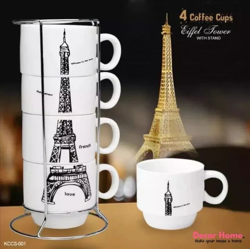 Eiffel Tower Mug Set of 4 with Stand