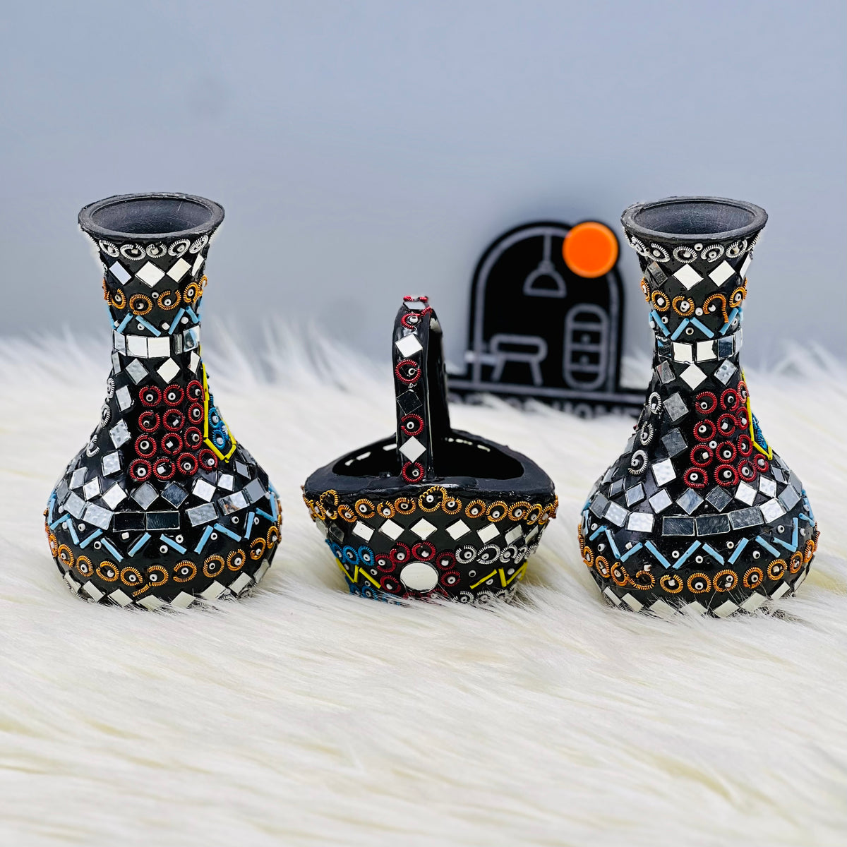 Mirror Beads Oriental Vase Basket Set