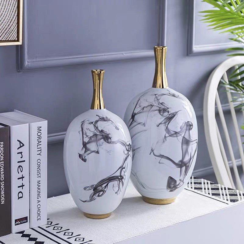 Luxury New Chinese Ink Painting General Jar Modern Creative White Porcelain Ceramic Vase for Home Decoration( Set Of 2)