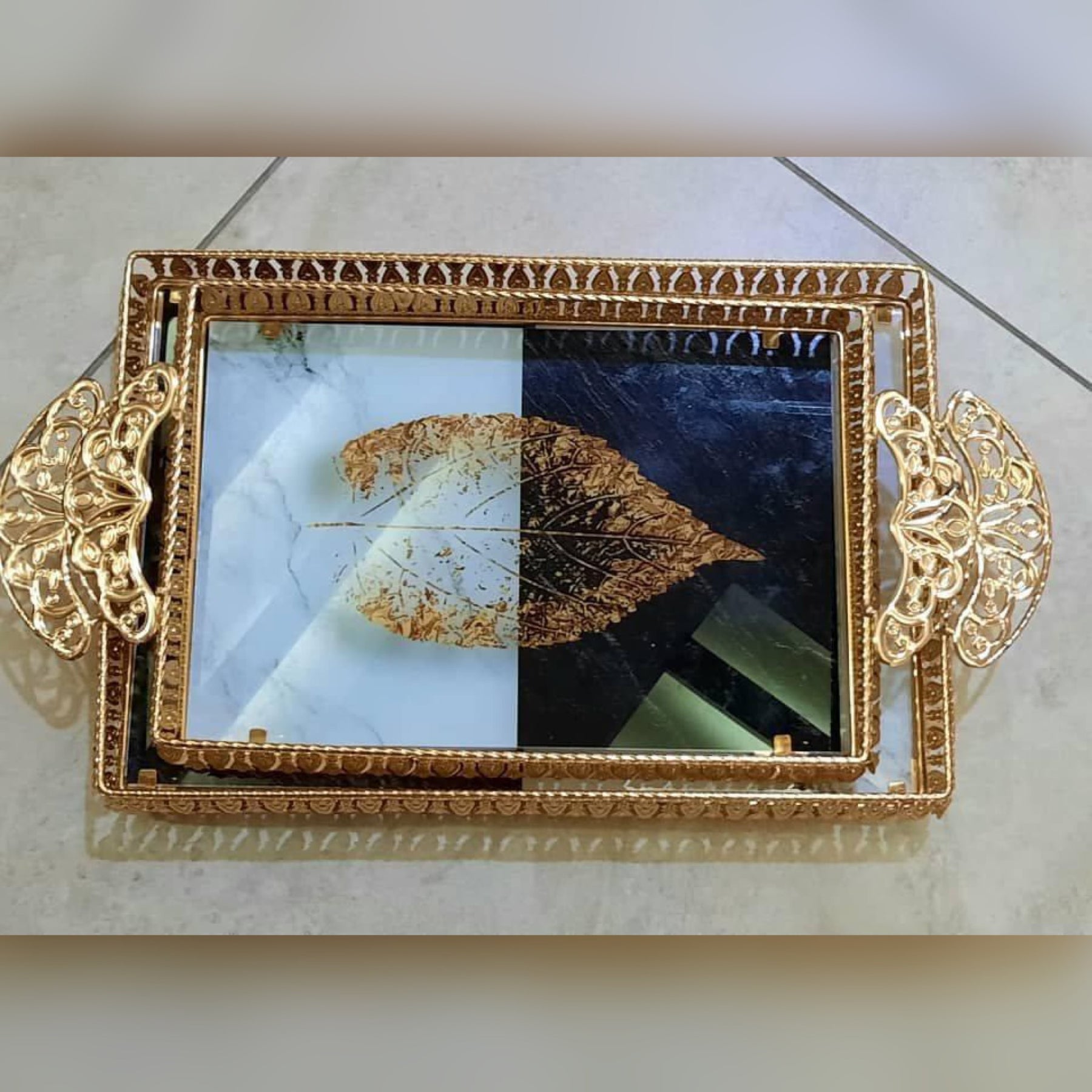 Gold Leaf Design Metal Tray ( Set Of 2)