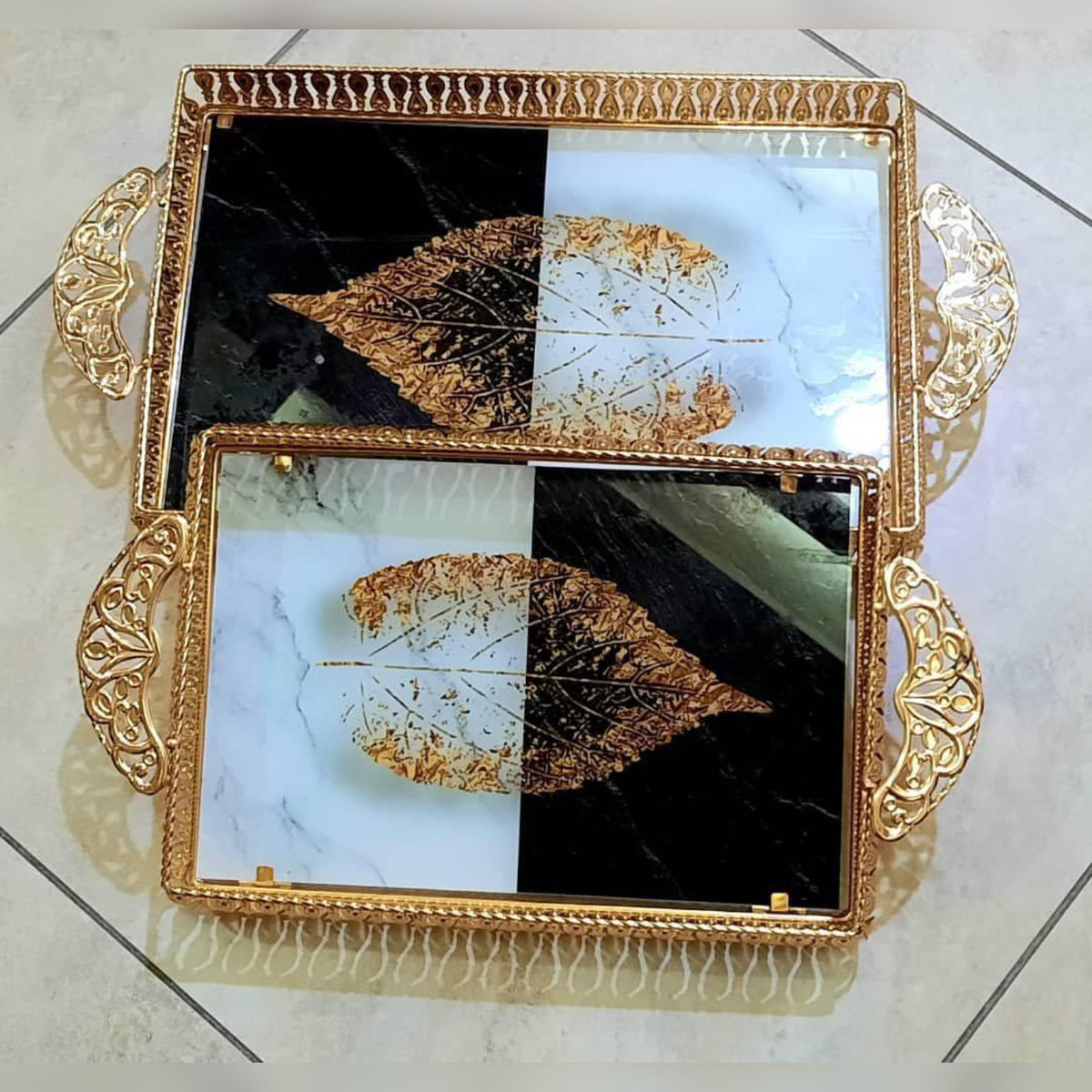 Gold Leaf Design Metal Tray ( Set Of 2)