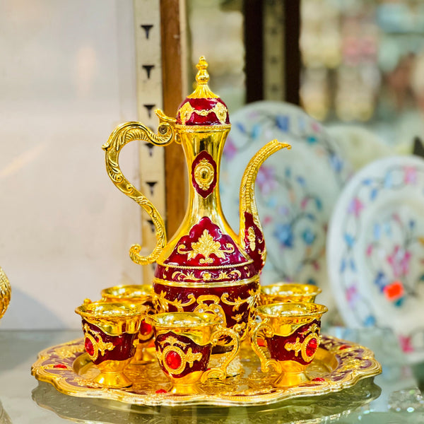 Royal Metal Tea Pot with 6 Tea Cups and Tray