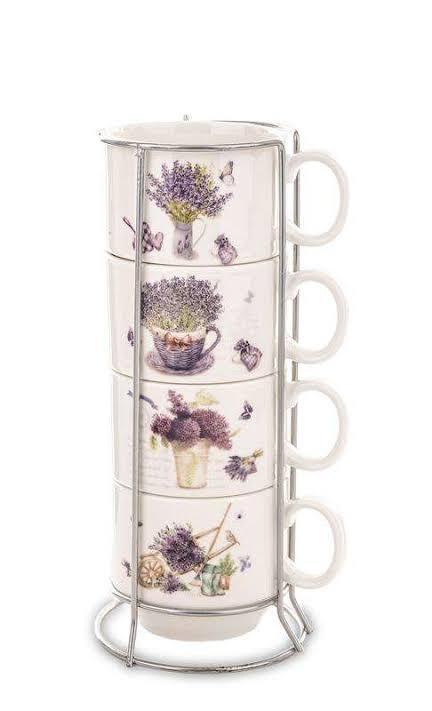 Floral Print Mug Set of 4 with Stand