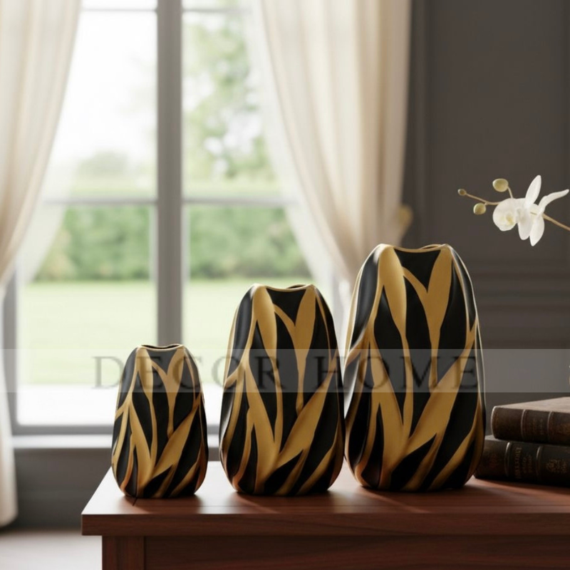 Iris Black & Gold Carved Vase ( Set of 3 )