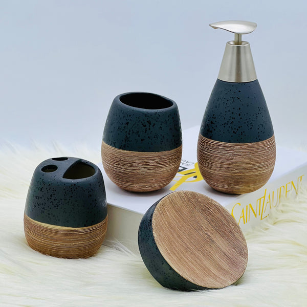 Self Textured Bath Set With Wooden Pattern - 4pcs