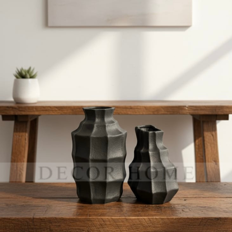 Black Textured Geometric Vases (Set Of 2)
