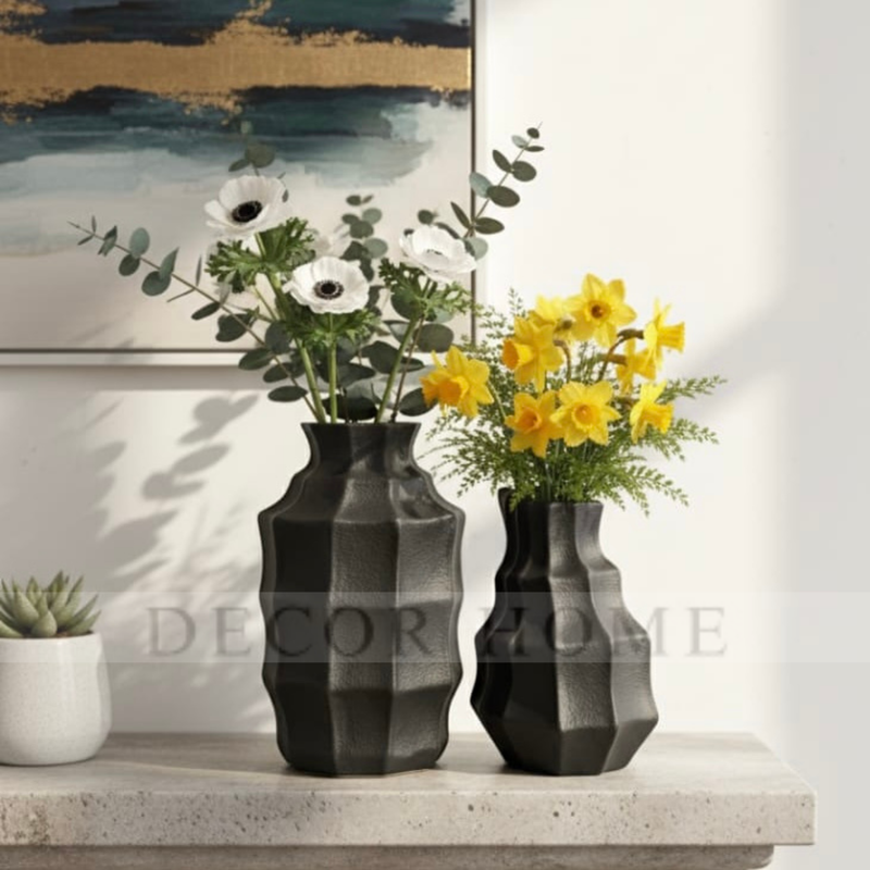 Black Textured Geometric Vases (Set Of 2)
