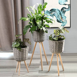 Vintage Style Wicker  Wooden Standing Basket   Planters ( set of 3 )