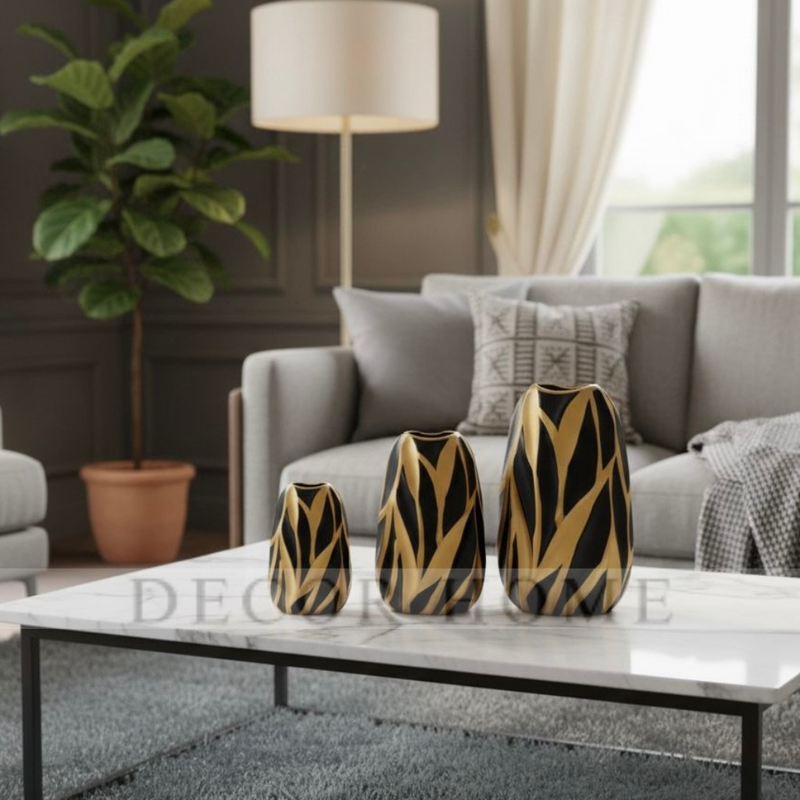 Iris Black & Gold Carved Vase ( Set of 3 )
