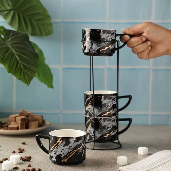 4-Piece Marble Print Mug Set with Stand