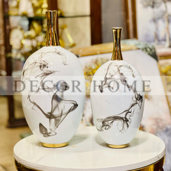 Luxury New Chinese Ink Painting General Jar Modern Creative White Porcelain Ceramic Vase for Home Decoration( Set Of 2)