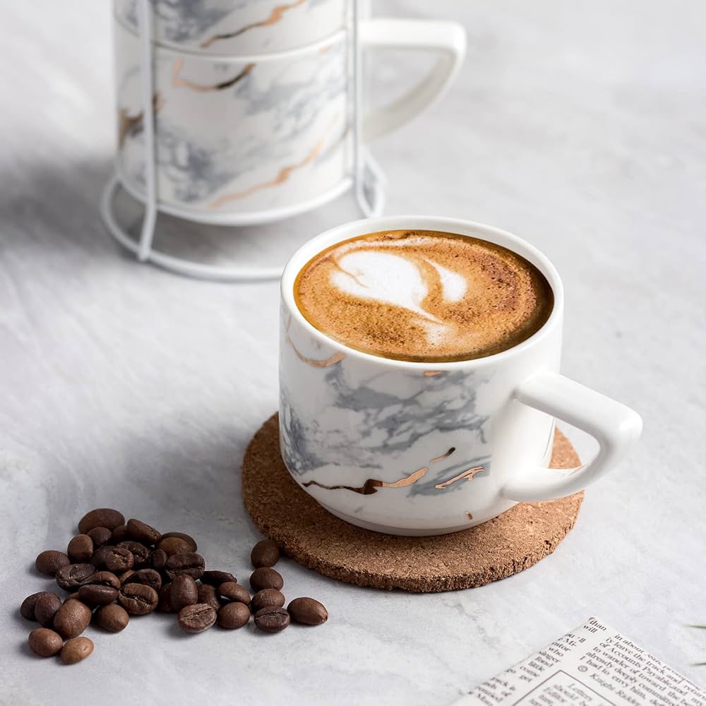 4-Piece Marble Print Mug Set with Stand