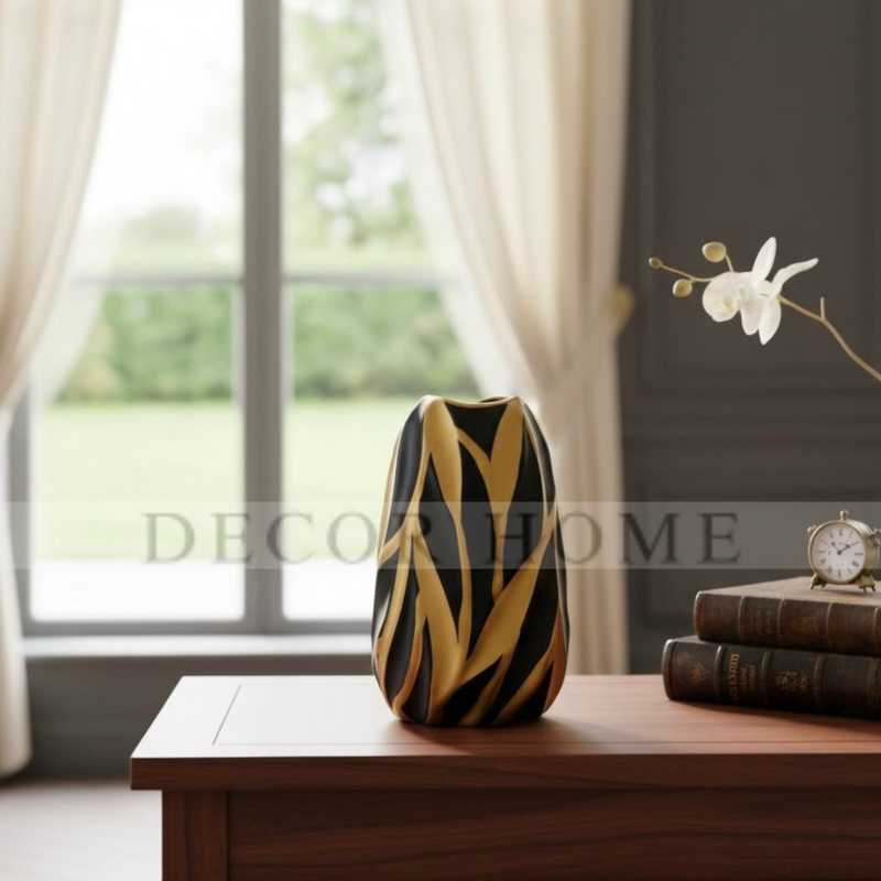 Iris Black & Gold Carved Vase ( Set of 3 )