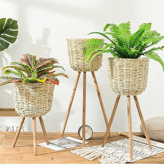 Vintage Style Wicker  Wooden Standing Basket   Planters ( set of 3 )