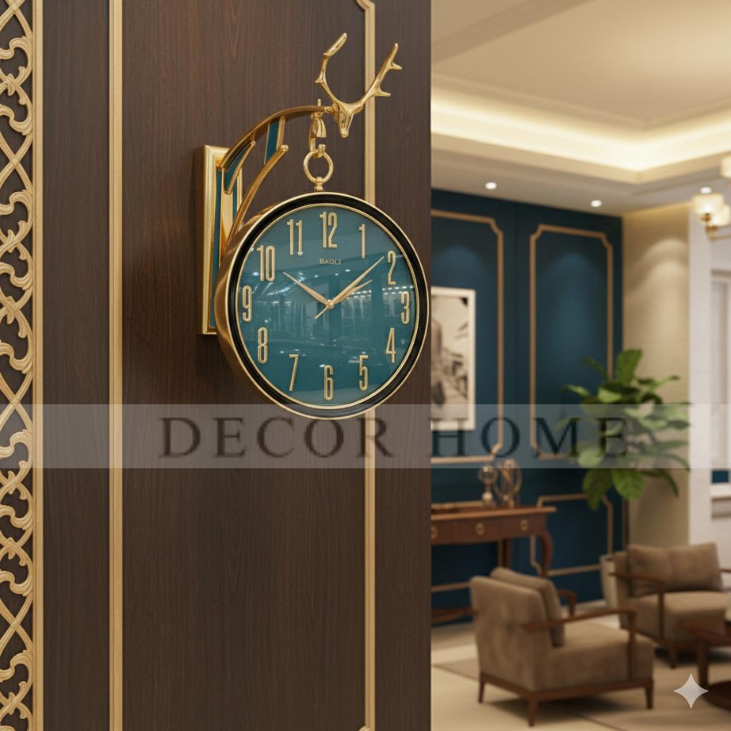 Luxury Deer Head Round Wall Hanging Double Sided Retro Station Wall Clock
