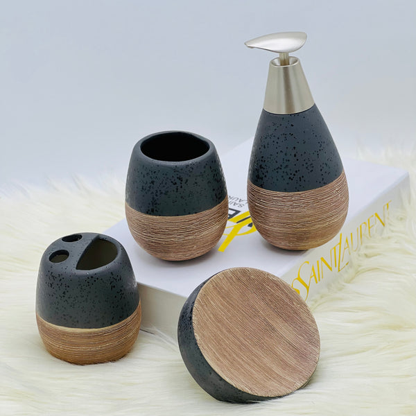 Self Textured Bath Set With Wooden Pattern - 4pcs