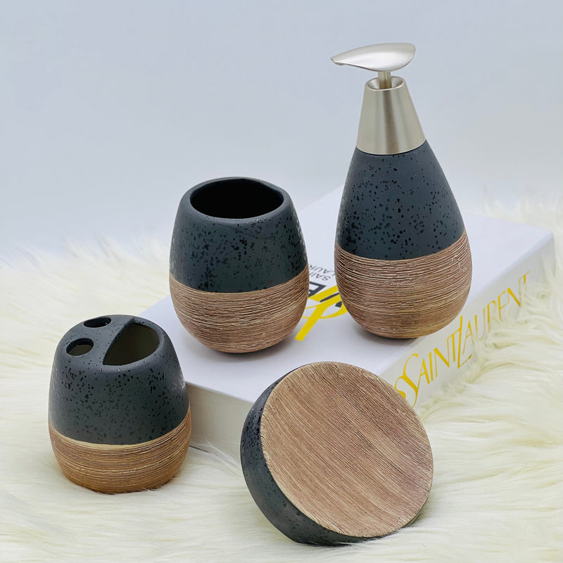 Self Textured Bath Set With Wooden Pattern - 4pcs