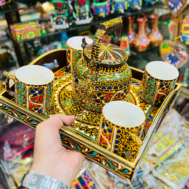 Swati Traditional Art Hand Painted Ceramic Cups, Tray and Steel Teapot 6pc Set