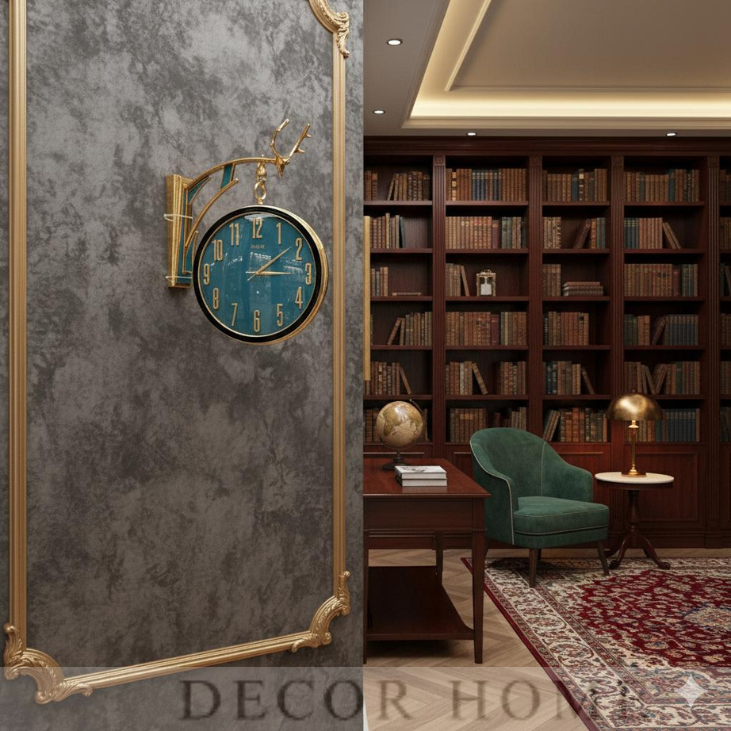 Luxury Deer Head Round Wall Hanging Double Sided Retro Station Wall Clock