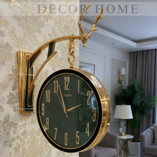 Luxury Deer Head Round Wall Hanging Double Sided Retro Station Wall Clock