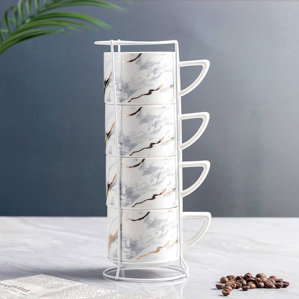 4-Piece Marble Print Mug Set with Stand