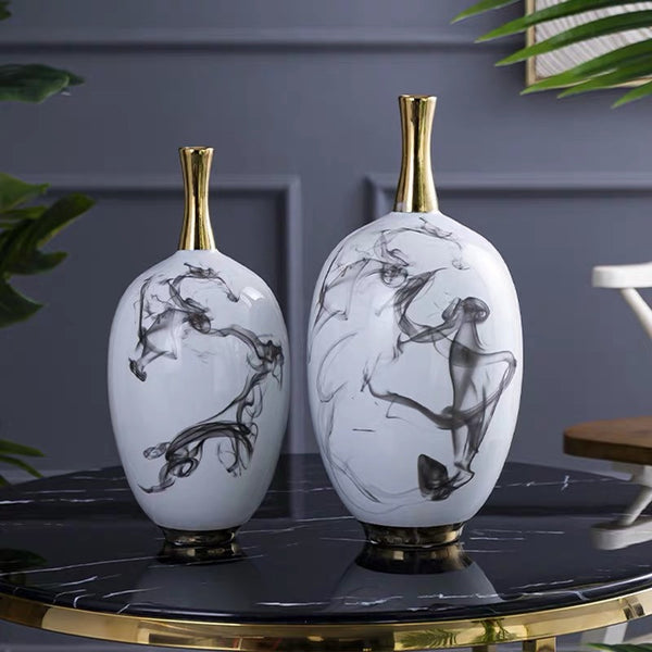 Luxury New Chinese Ink Painting General Jar Modern Creative White Porcelain Ceramic Vase for Home Decoration( Set Of 2)