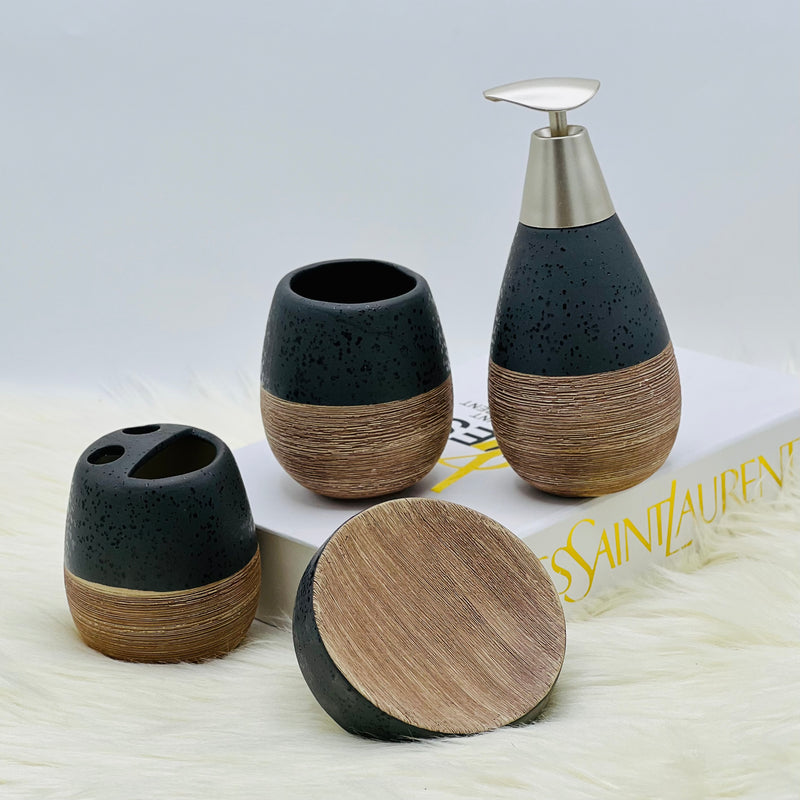 Self Textured Bath Set With Wooden Pattern - 4pcs