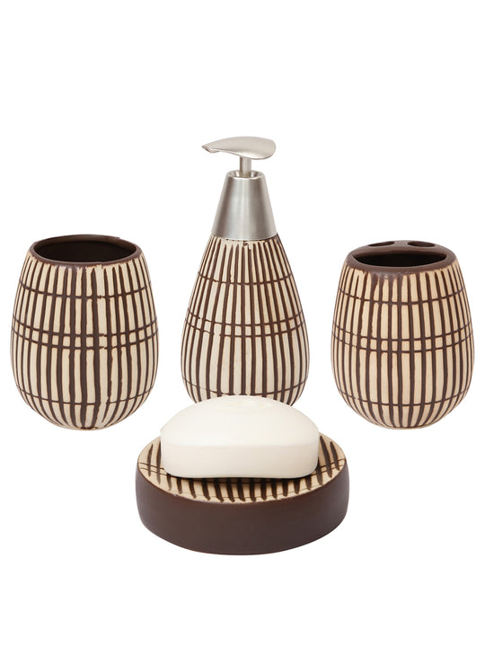 Beige & Brown Set Of 4 Ceramic Bathroom Accessories