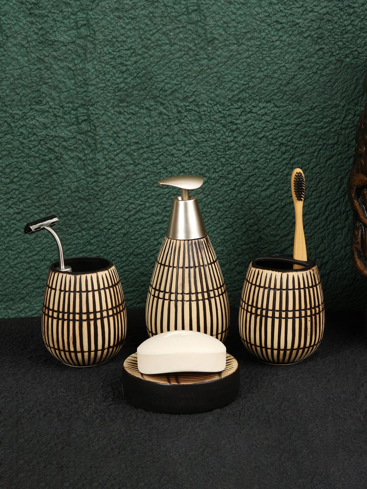 Beige & Brown Set Of 4 Ceramic Bathroom Accessories