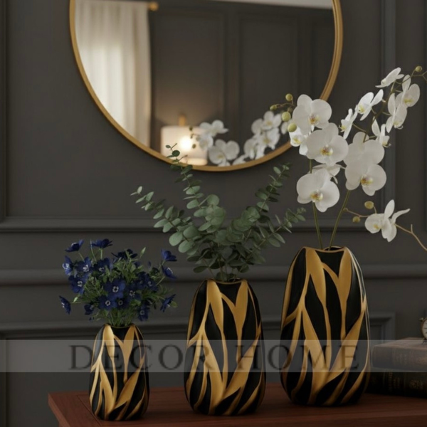 Iris Black & Gold Carved Vase ( Set of 3 )