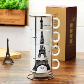 Eiffel Tower Mug Set of 4 with Stand