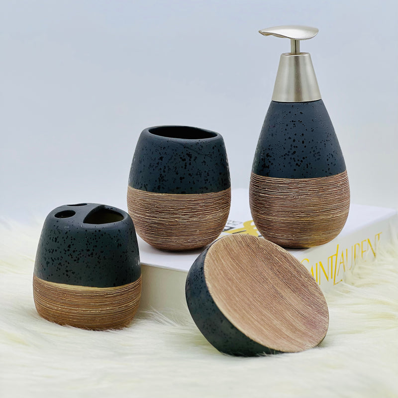 Self Textured Bath Set With Wooden Pattern - 4pcs