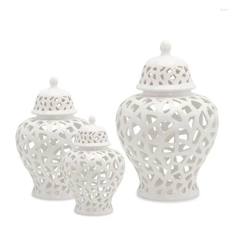 Ceramic Pierced Ginger Jars With Conical Lid (Set Of 3)