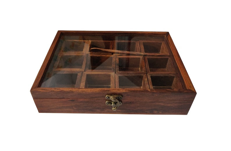 Sheesham Wood Spice Box ( 12  Compartments & A Spoon)