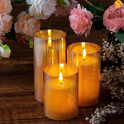 Simile Gold Glass Flameless Candles Flickering ( Set of 3 )