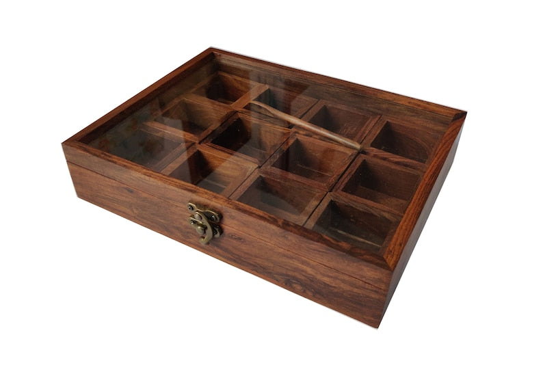 Sheesham Wood Spice Box ( 12  Compartments & A Spoon)