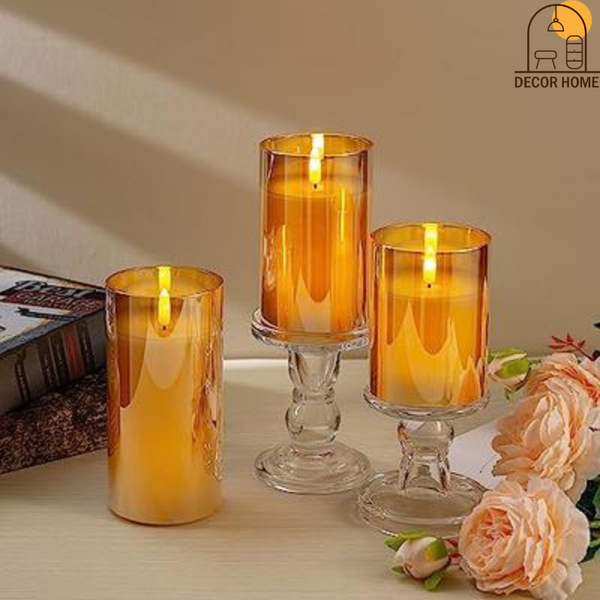 Simile Gold Glass Flameless Candles Flickering ( Set of 3 )