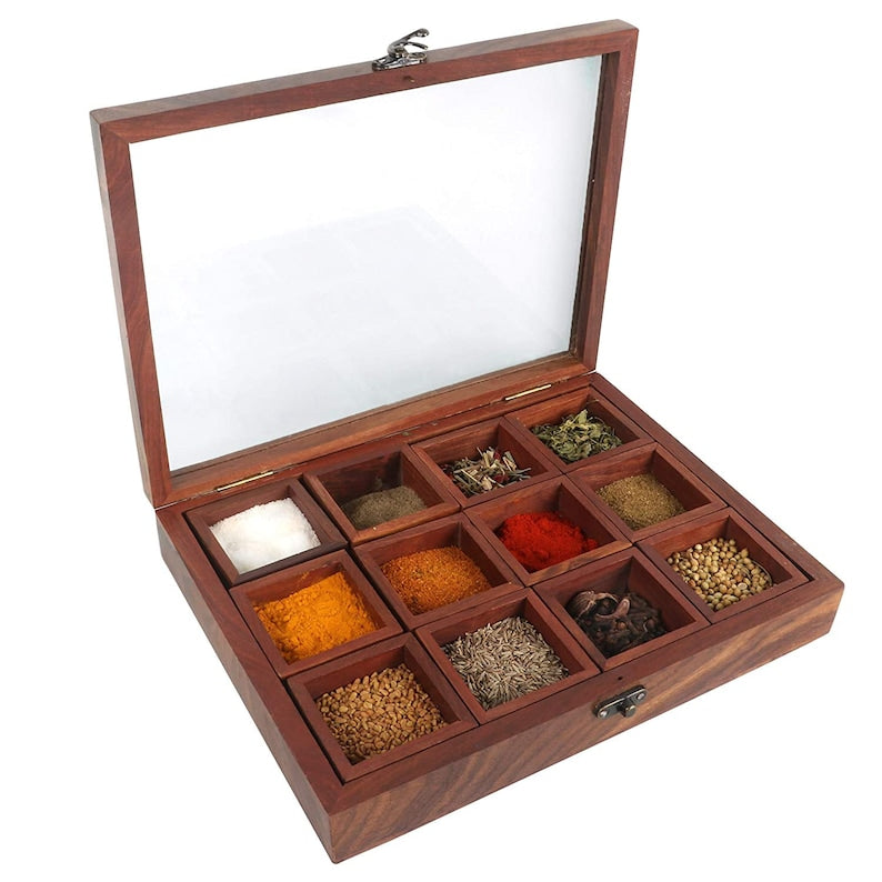 Sheesham Wood Spice Box ( 12  Compartments & A Spoon)