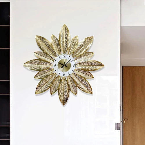 Golden Metal Leaves Wall Clock