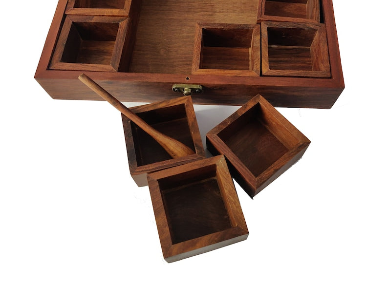 Sheesham Wood Spice Box ( 12  Compartments & A Spoon)