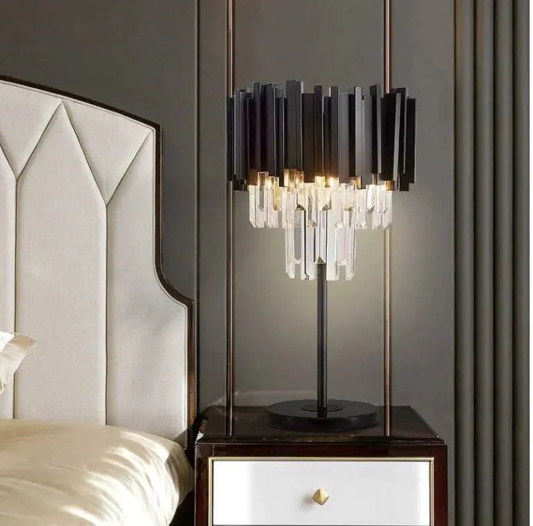 Metal  Black Table Lamp with White Crystal Bars