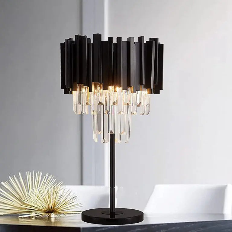 Metal  Black Table Lamp with White Crystal Bars