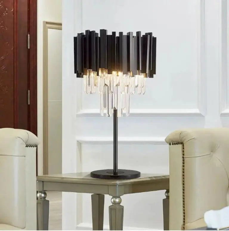 Metal  Black Table Lamp with White Crystal Bars