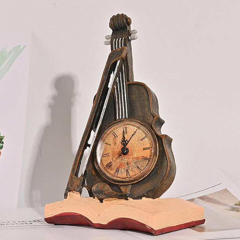 Violin Model Figurine Creative Table Clock Rests On Book