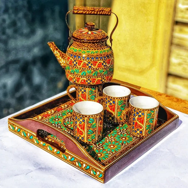 Swati Traditional Art Hand Painted Ceramic Cups, Tray and Steel Teapot 6pc Set