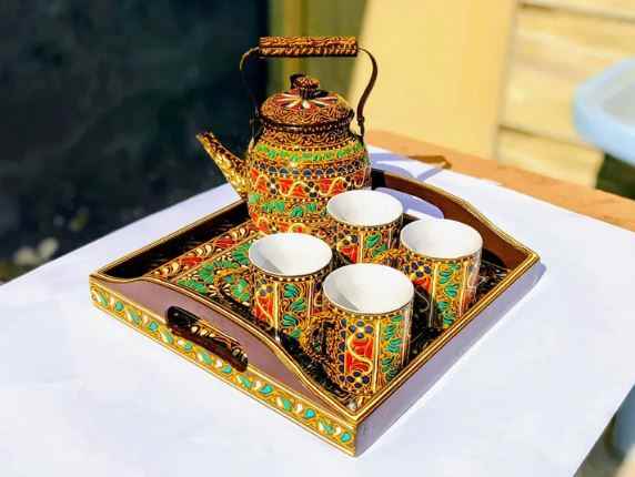 Swati Traditional Art Hand Painted Ceramic Cups, Tray and Steel Teapot 6pc Set