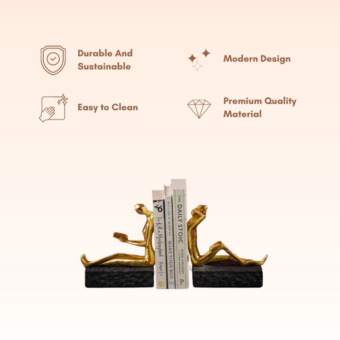 Gold Reading and Thinking Bookend Sculptures