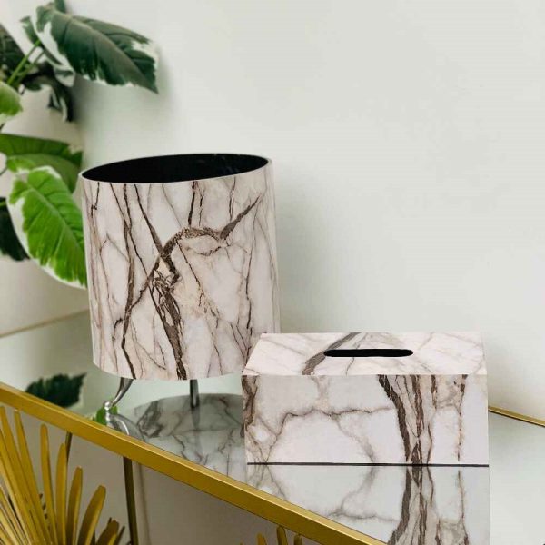 White Marble Designed Tissue Box Set