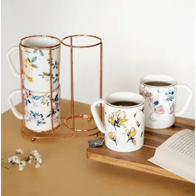 Coffee Mug With Stand - Floral Design - Set Of 4